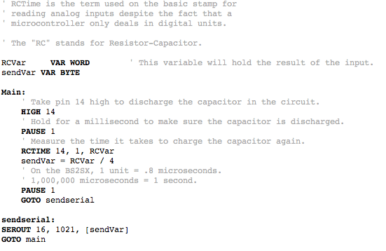 Basic stamp code for input from an analog device like a potentiameter or piezo film