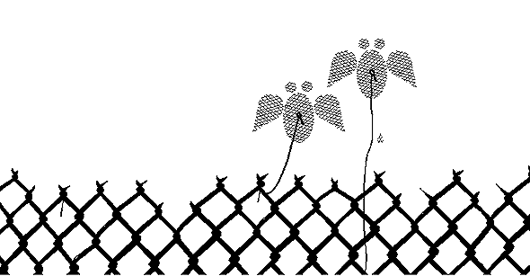 two little flies made of pieces of a fence, one of which is tethered to a fence and always wants to be near the other one. The other one isn't tethered but doesn't seem to care where he is, other than to move a little but away from the other one when you put him on top. Its by Angelo Plessas of Neen and Miltos Manetas fame and I really like his stuff